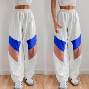 Free People White Track Joggers with Blue and Tan Panels